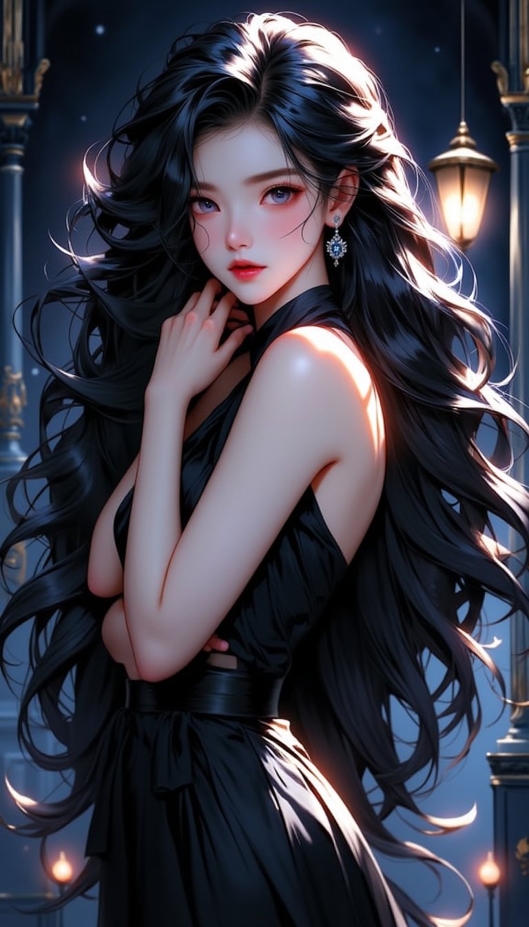 A mesmerizing piece of art captures the essence of Nachtmusik, an enchanting woman. The image, a painting on a grand canvas, depicts her with flowing dark hair cascading down her shoulders, framing a face adorned with striking features. Her eyes, pools of mystery, seem to hold untold secrets, while her ethereal smile evokes fascination. The artist skillfully portrays her graceful posture and elegant attire, a reflection of her allure and charm. Every brushstroke conveys a sense of dreamlike enchantment, imbuing the image with a captivating aura. This exceptional artwork skillfully captures the essence of Nachtmusik's captivating allure, leaving viewers enchanted by her beauty and the intricate details of the painting,  (iku,zix,vhy:1.2),(brs,phy,iww,kjt,xjw,zjw,rzj:1.4),(fpx,hui,hai,qwh,vgf,vgy:1.2),(mwq:0.8),cool_Anime