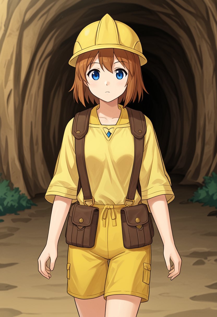 1girl, solo, vieseaitwo, brown hair, short hair, blue eyes, hardhat, yellow shirt, shor sleeves, yellow shorts, archeology outfit, bag, backpack, cave interior, cavern, standing, walking, cowboy shot