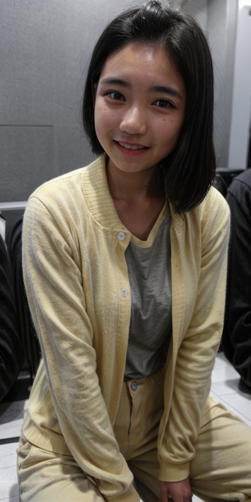 1girl, solo, long hair, looking at viewer, smile, simple background, shirt, black hair, sitting, jacket, pants, grey background, black eyes, black shirt, realistic, ((without makeup)), ((asian))