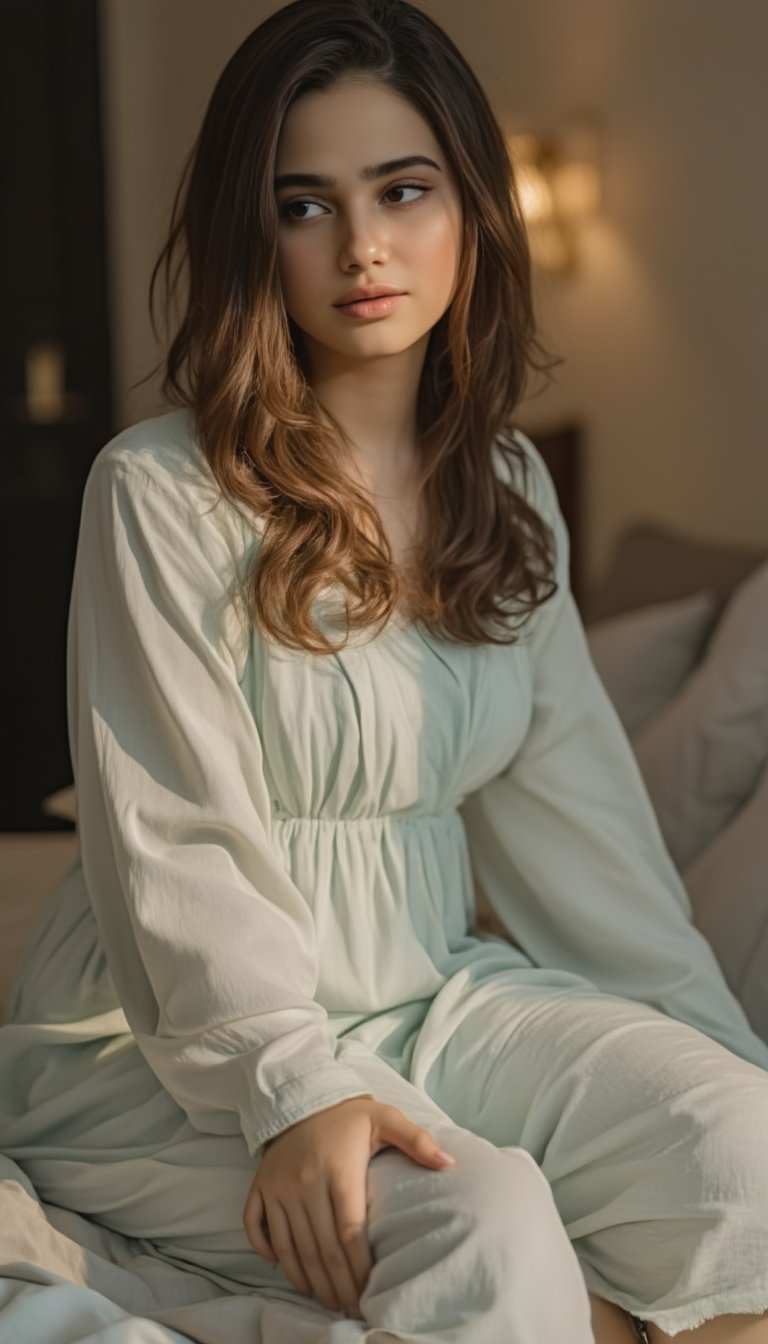 A serene scene unfolds: a girls full-body portrait, radiating innocence in her Generation 1-girl pose. She sits on the edge of her bed, adorned in cozy dress, bathed in soft, warm lighting that accentuates her gentle features. Her relaxed posture conveys quiet introspection as she gazes off into the distance, a look of contemplation etched on her face.