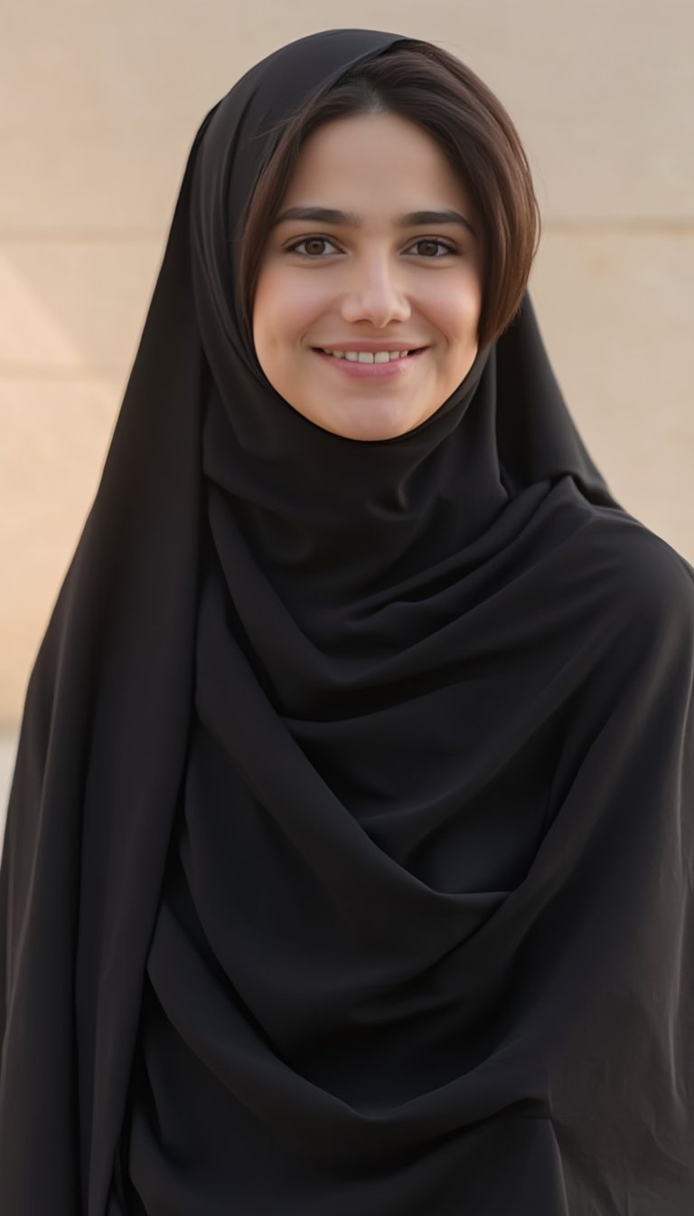 A serene woman stands tall, her pale skin glowing softly beneath the gentle light. Her radiant smile illuminates her face, as black abaya elegantly drapes around her head. Pink lips curve upwards, complemented by a subtle flush on her cheeks. Against a soft, creamy background, she poses with poise, her abaya flowing smoothly around her figure.