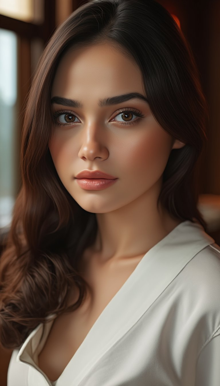 A close-up shot of a woman sitting in a cozy cafe, her pale white skin and pink lips glisten under the warm lighting. Her clear, dark eyes seem to sparkle with intensity as she gazes directly at the camera. The detailed features of her face are rendered in photorealistic clarity, capturing every nuance of her expression. Her hair, equally meticulously detailed, falls softly around her face like a gentle veil. In this Kodak moment, frozen in time like a Goy Rey painting come to life, the subject's raw beauty is heightened by the subtle play of light and shadow. Octane render perfection captures every texture, every curve, and every whisper of her presence.