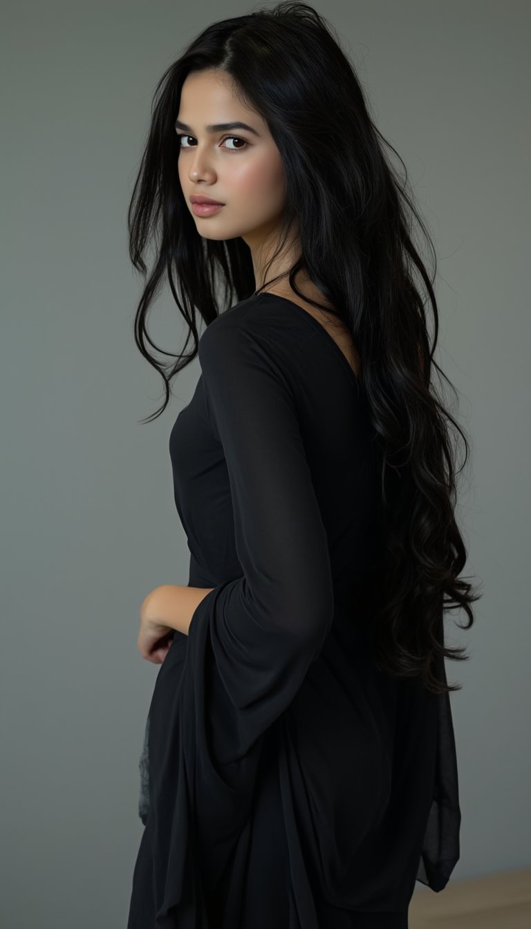 A young woman with long hair, dark locks stands confidently, her raven-black tresses cascading down her back like a waterfall of night. She wears a flowing dress that wraps around her slender figure, the fabric rustling softly as she holds her pose. The framing captures her from just below the shoulders, emphasizing her statuesque presence against a subtle, gradient background.,b4b4