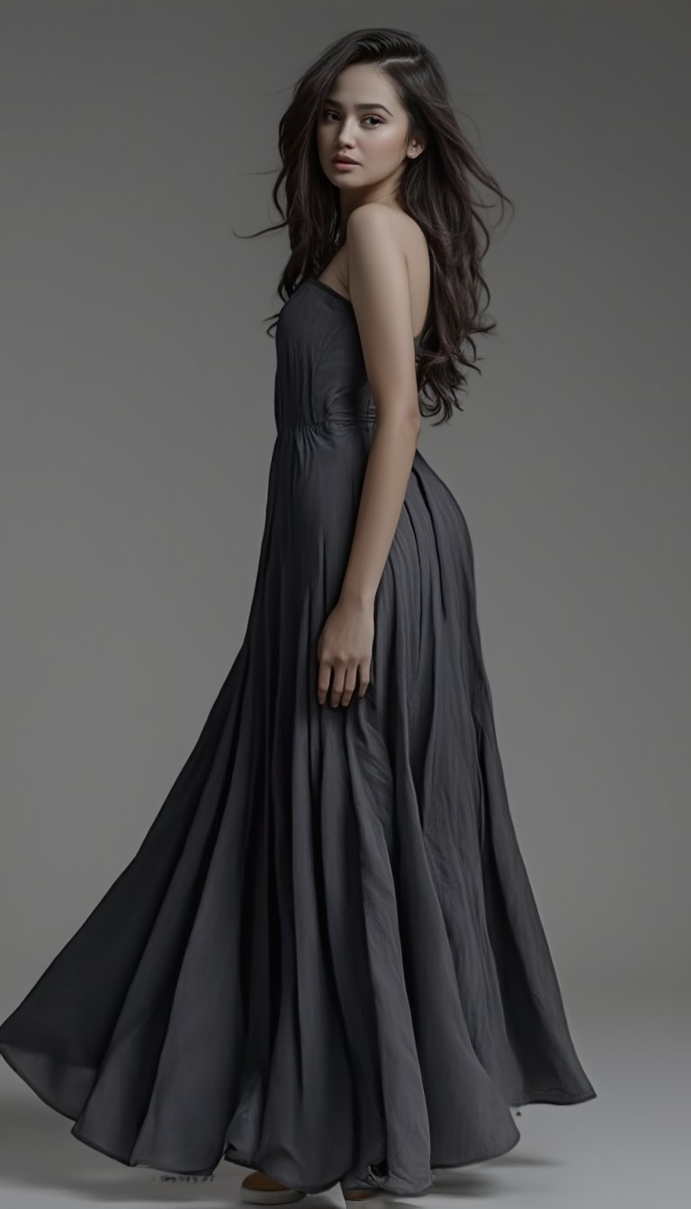 A young woman with long hair, dark locks stands confidently, her raven-black tresses cascading down her back like a waterfall of night. She wears a flowing dress that wraps around her slender figure, the fabric rustling softly as she holds her pose. The framing captures her from just below the shoulders, emphasizing her statuesque presence against a subtle, gradient background.,b4b4