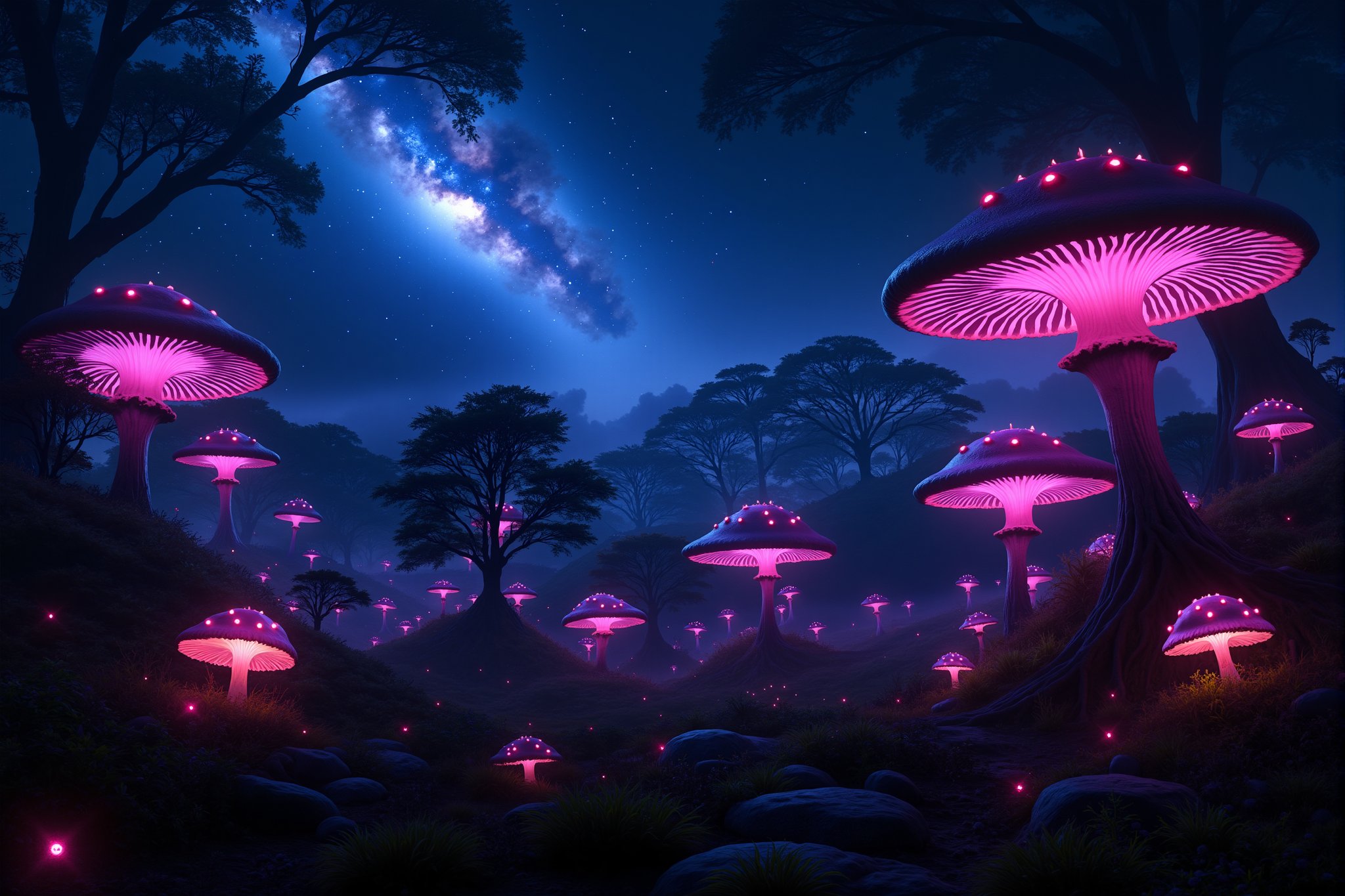 A cinematic 8K ultra-high detailed image of a mystical forest filled with giant, bioluminescent mushrooms of various shapes and neon colors, each emitting a beautiful, colorful glow. The dark sky is filled with twinkling stars and a stunning galaxy. The scene is framed with a wide-angle shot, capturing the surreal beauty of the glowing forest and the expansive starry sky. The lighting is soft and ethereal, enhancing the fantasy atmosphere.