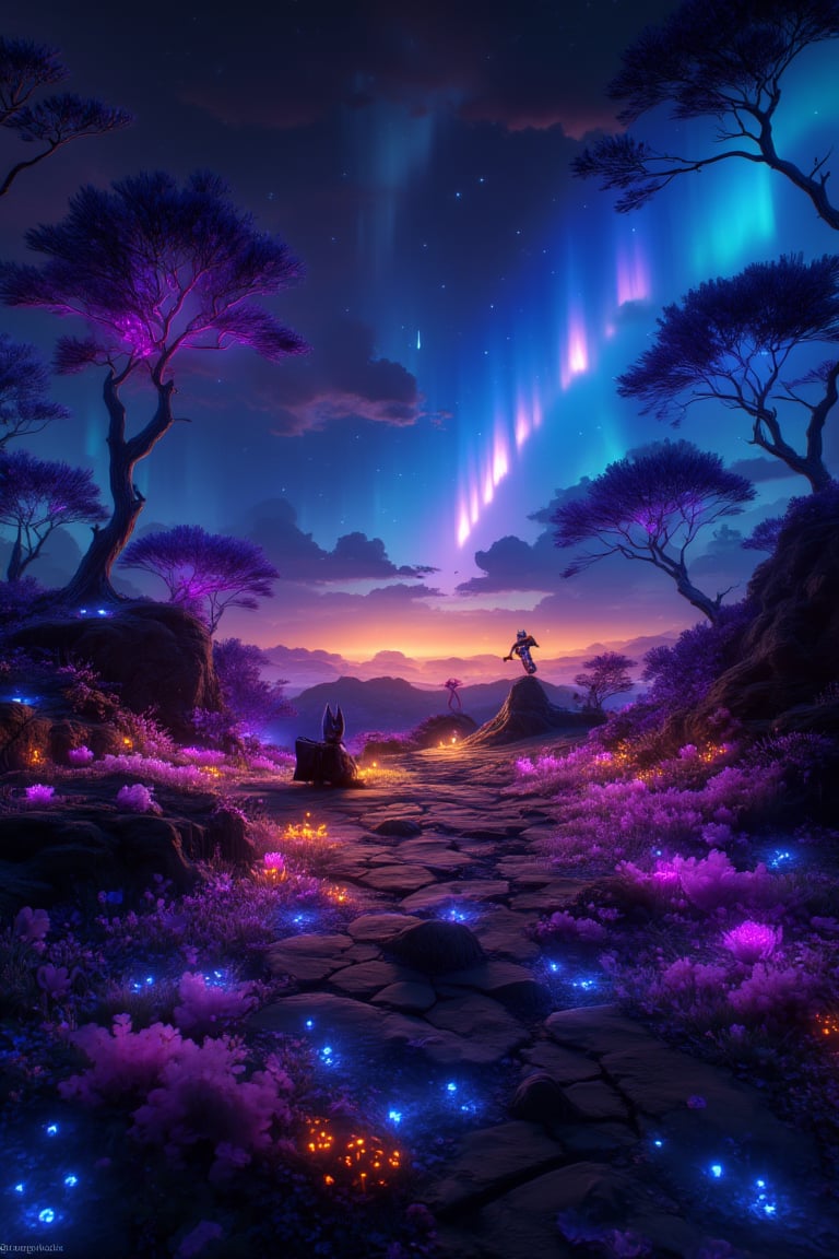 Sunset Whispers: A whimsical fantasy world unfolds as dusk's warmth fills the air. Large Lego Batman and Joker sit atop a winding road, flanked by glowing bioluminescent plants that shimmer like stars. The camera captures a dynamic angle, showcasing textured terrain as aurora lights dance across the horizon, casting a kaleidoscope of colors on the ground. Glass stars scatter, adding magic to the atmosphere. In the foreground, delicate plant details radiate an otherworldly energy, inviting exploration.