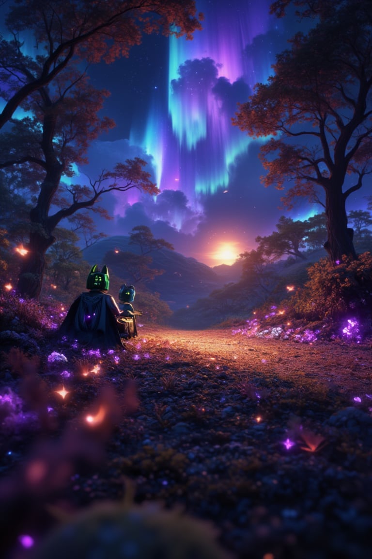 Sunset Whispers: A whimsical fantasy world unfolds as dusk's warmth fills the air. Large Lego Batman and Joker sit atop a winding road, flanked by glowing bioluminescent plants that shimmer like stars. The camera captures a dynamic angle, showcasing textured terrain as aurora lights dance across the horizon, casting a kaleidoscope of colors on the ground. Glass stars scatter, adding magic to the atmosphere. In the foreground, delicate plant details radiate an otherworldly energy, inviting exploration.