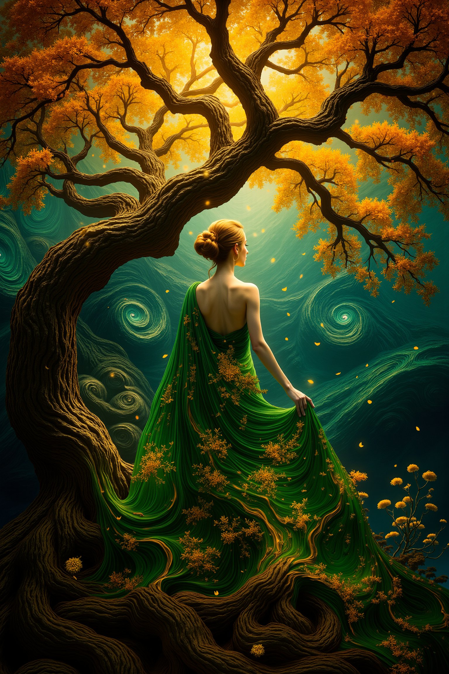 8K ultra-high detailed realistic image, neon theme. A mesmerizing image of a tree seamlessly merging with the form of a woman, her figure flowing naturally into the tree’s branches and leaves, shimmering with intricate gold patterns. Her gown appears as swirling, bark-like textures in rich colors of emerald, amber, and sapphire. The outstretched branches glow with radiant leaves, creating a harmonious blend of nature and human form. The background features soft, swirling patterns and vibrant colors, evoking a mystical, dreamlike connection between the figure and the natural world, combining Klimt’s ornate style with Da Vinci’s colorful richness.