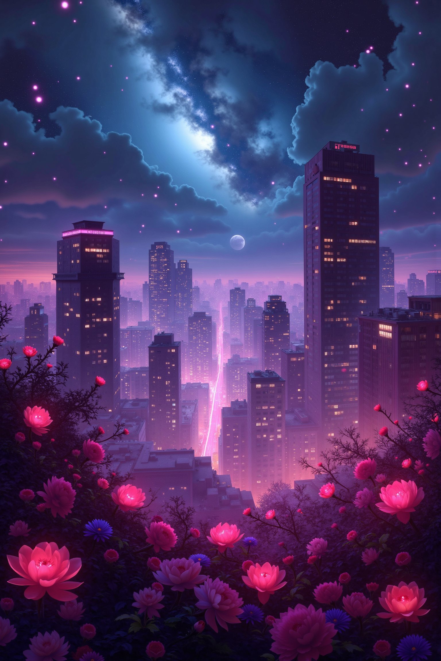 A breathtakingly vivid city night scene under moonlight and starlight, with pink fluorescent lights from towering skyscrapers casting a mesmerizing glow on intricate floral arrangements, filling the air with romance. A majestic metropolis sprawls in sharp focus, its buildings a tapestry of textures and colors. The background is a whirlwind of abstracted shapes and patterns, an unpredictable maelstrom of detail and abstraction. Unconventional yet breathtakingly beautiful, this hyper-realistic masterpiece defies expectations with its kaleidoscope of colors and forms.