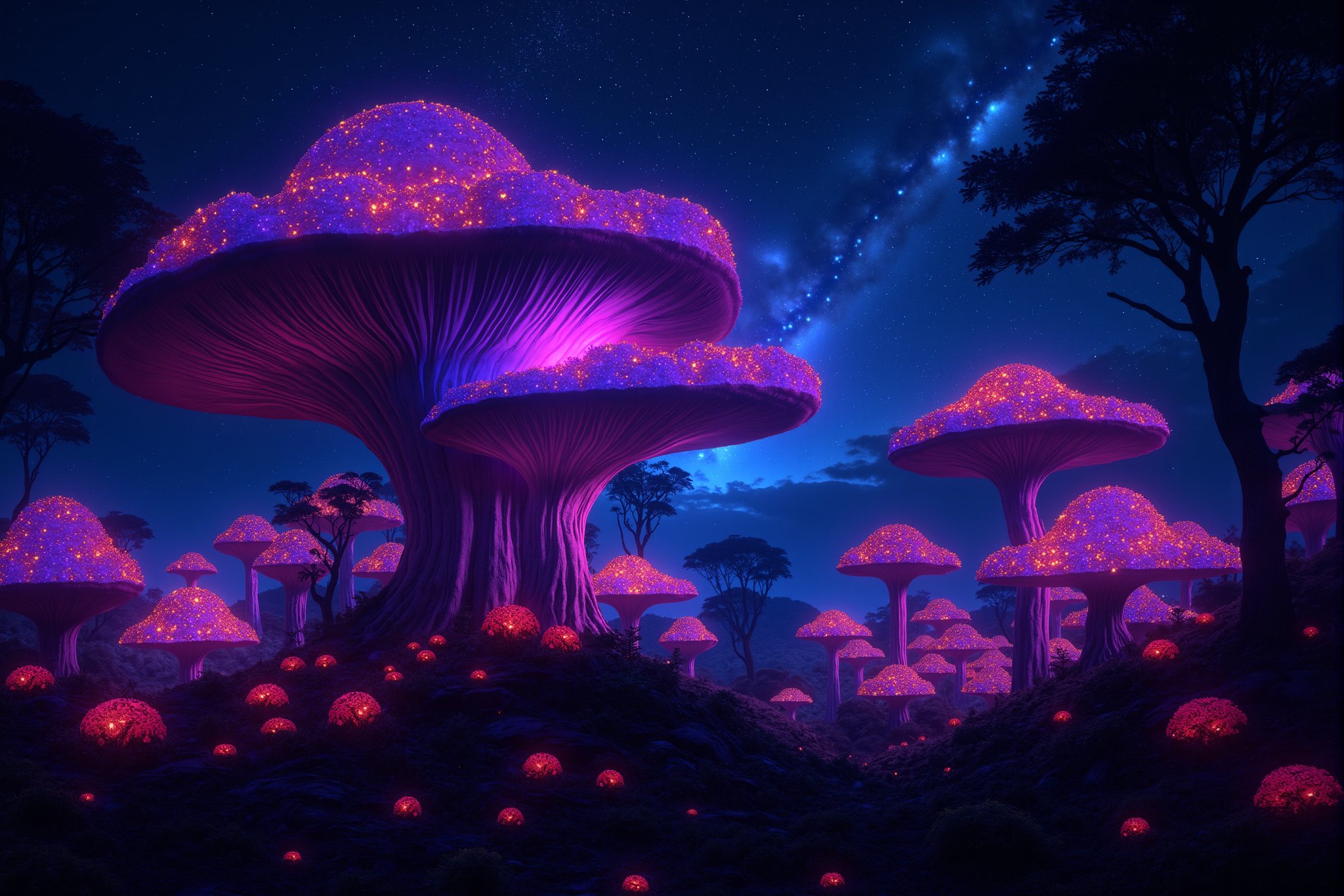 A cinematic 8K ultra-high detailed image of a mystical forest filled with giant, bioluminescent mushrooms of various shapes and neon colors, each emitting a beautiful, colorful glow. The dark sky is filled with twinkling stars and a stunning galaxy. The scene is framed with a wide-angle shot, capturing the surreal beauty of the glowing forest and the expansive starry sky. The lighting is soft and ethereal, enhancing the fantasy atmosphere.