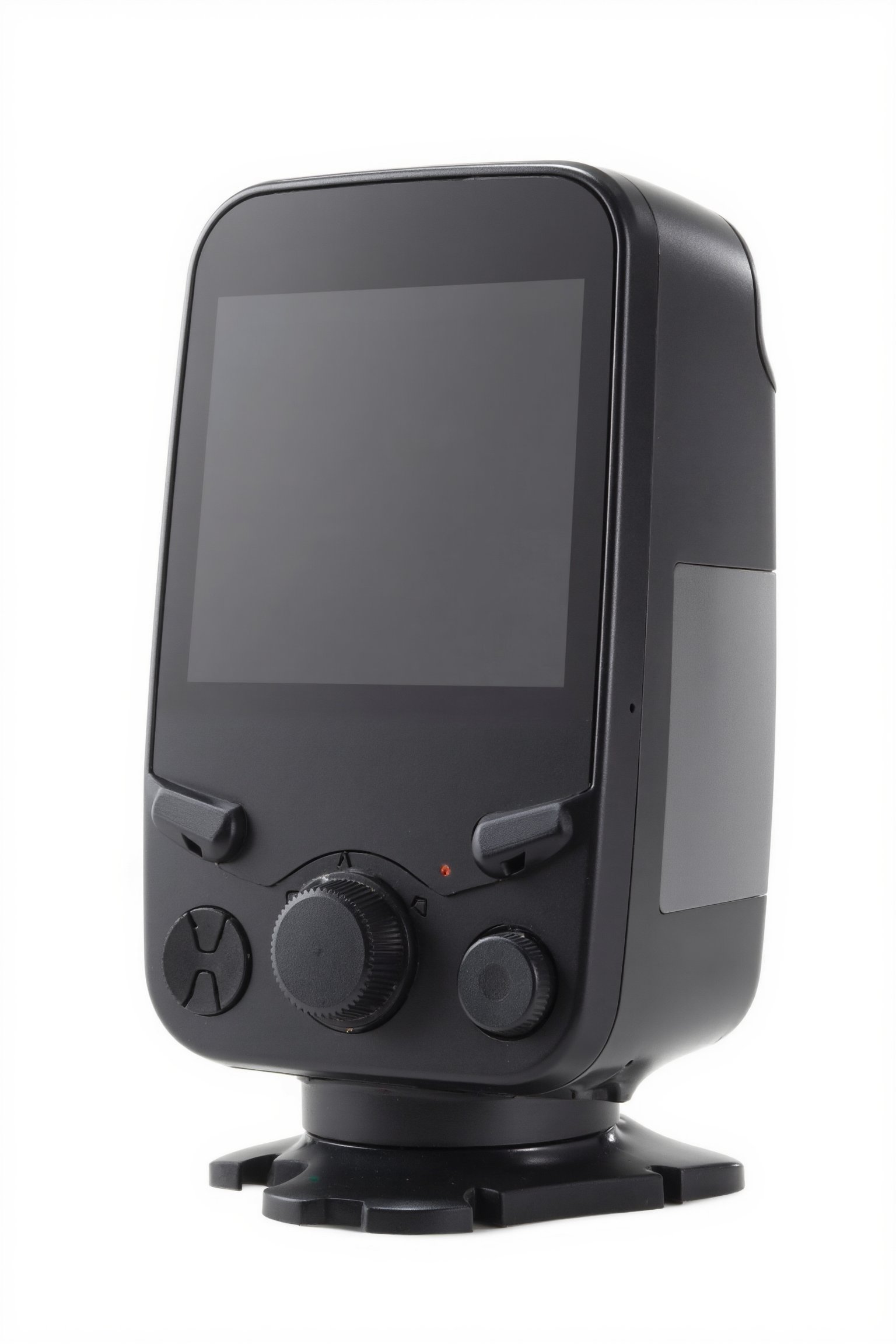 Professional product photo of an electronic device with a screen. The design follows dieter style. White background. Hasselblad H6D-100c, low exposure, extreme high contrast, ISO 50, with a 100mm macro lens.