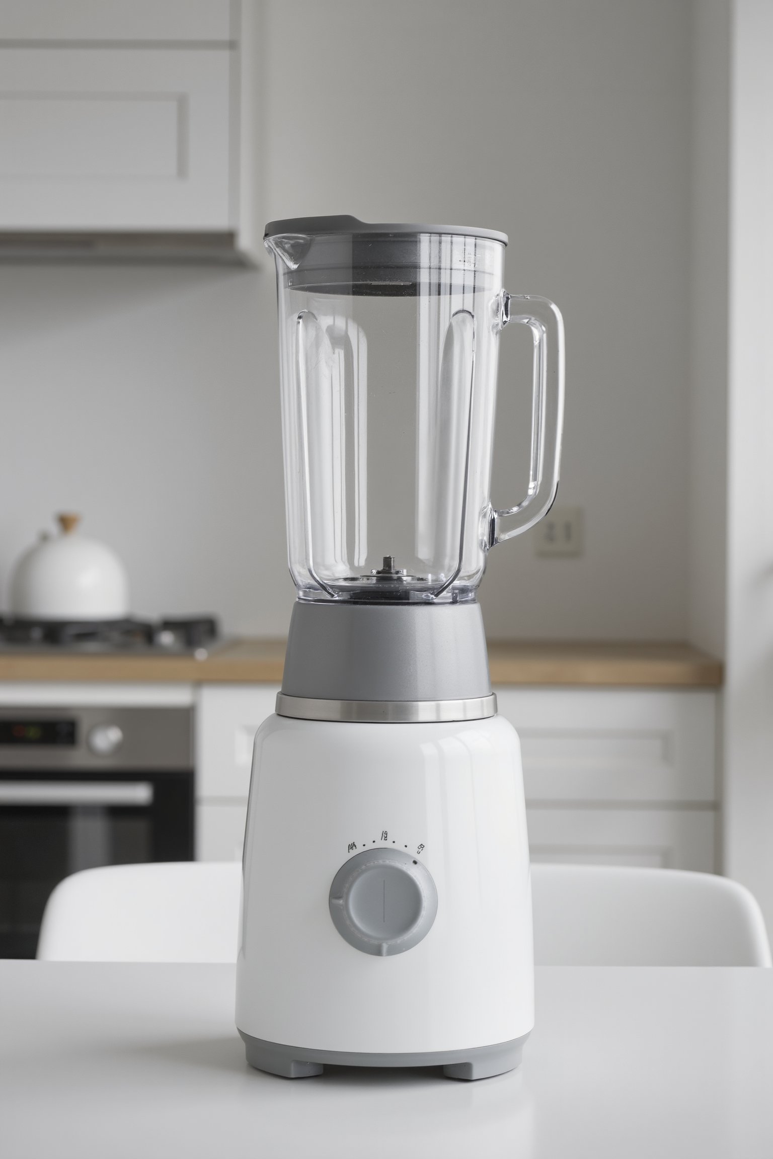 Professional product photo of a kitchen blender. It is white with metallic parts. It sits on a table in a minimalistic kitchen. The design follows dieter style. Hasselblad H6D-100c, low exposure, extreme high contrast, ISO 50, with a 100mm macro lens.