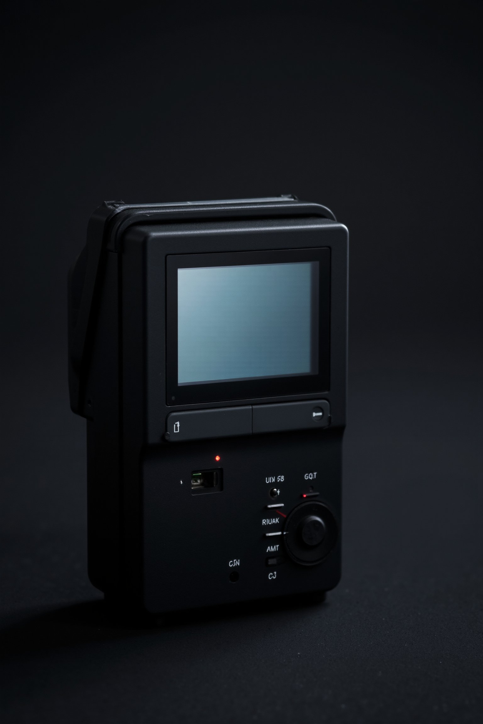 Professional product photo of an electronic device with a screen. The design follows dieter style. Hasselblad H6D-100c, low exposure, extreme high contrast, ISO 50, with a 100mm macro lens.