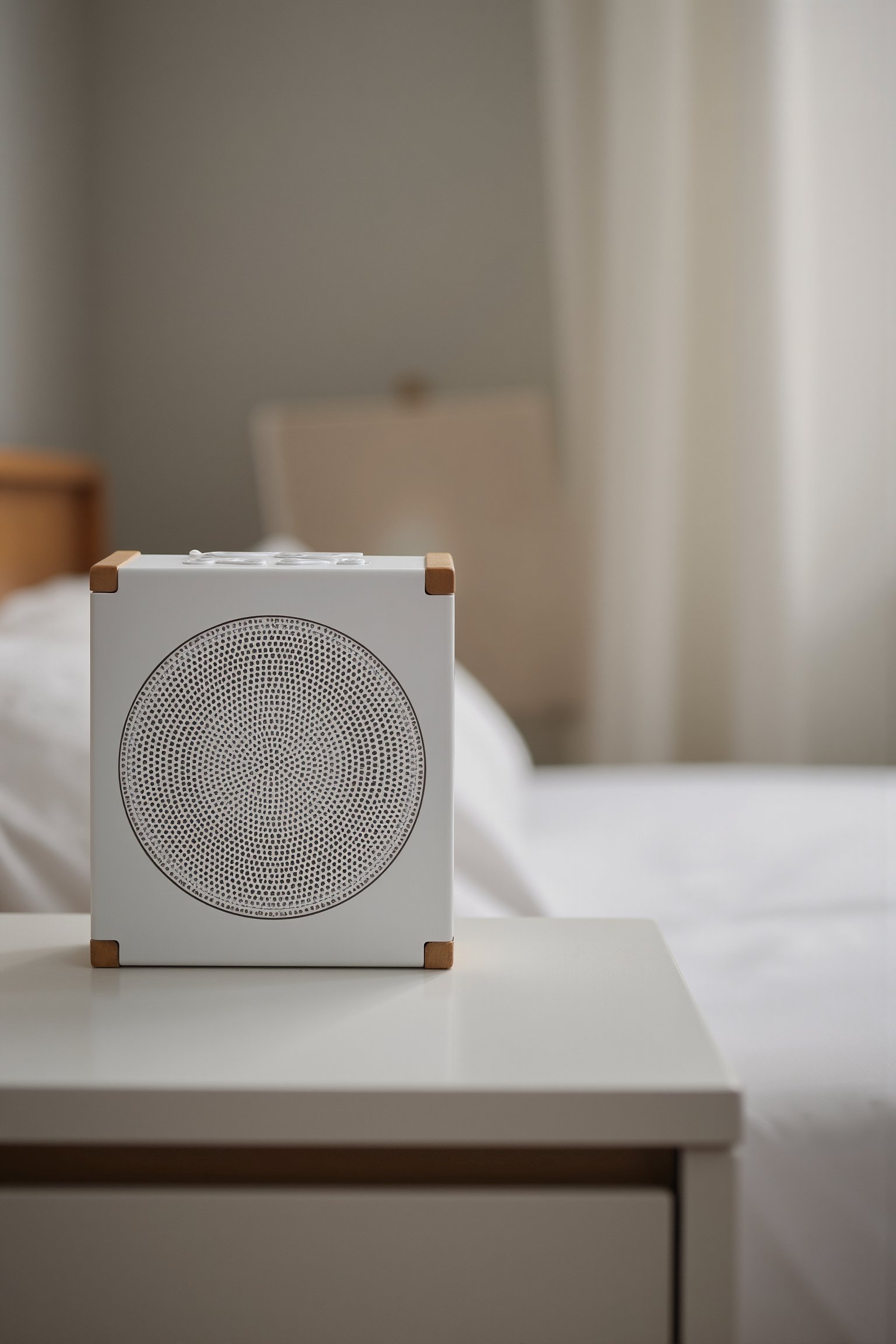 Professional product photo of a Bluetooth speaker. It is white with wooden corners. It sits on a nightstand in a minimalistic bedroom. The design follows dieter style. Hasselblad H6D-100c, low exposure, extreme high contrast, ISO 50, with a 100mm macro lens.