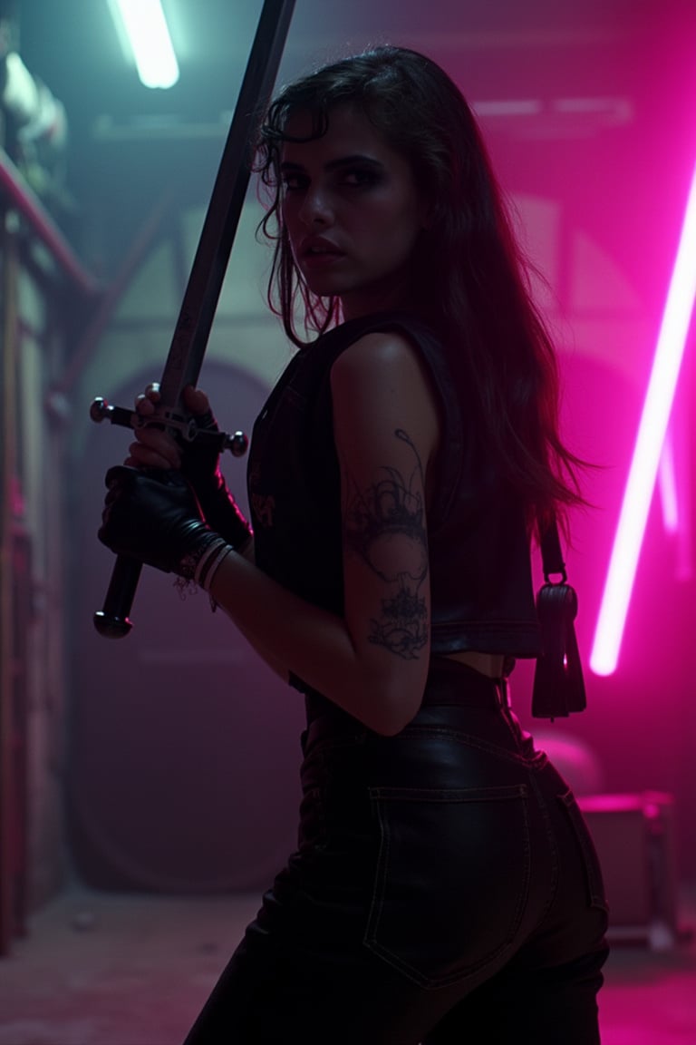 Cinematic, dramatic lighting, ultra realistic, ultra detailed textures, colors: black, white, grey, pink,  an old factory, side view,  rebellious 19 year old beauty, loose hair,  her punk rock attire and edgy pose commanding attention. She has dramatic black makeup. She confidently holds a sword in each hand, she looks serious, looking at the viewer with a sinister intent as she stands front and center, bathed in pink,  accentuates her striking features.