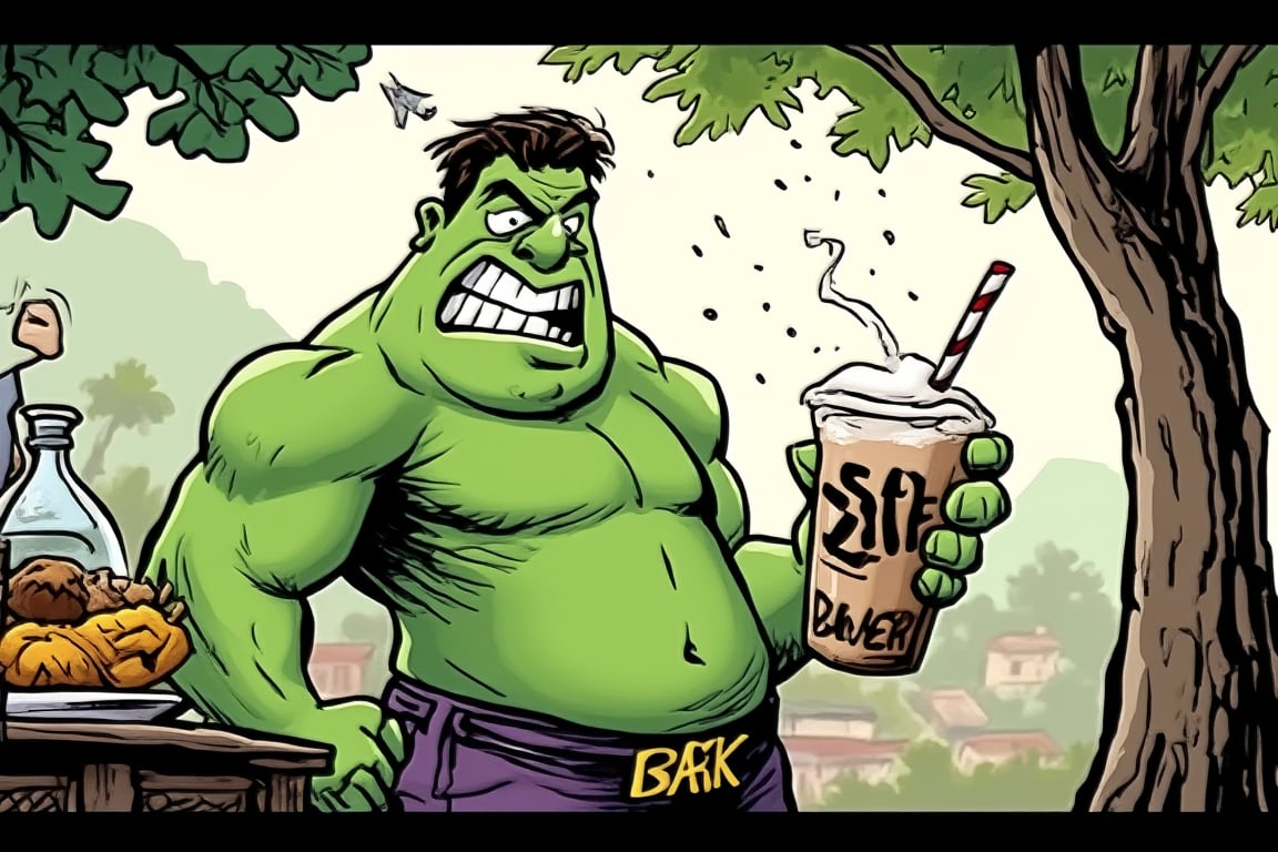 Hulk drink coffee malay stall, background malay village ,cartoon1 