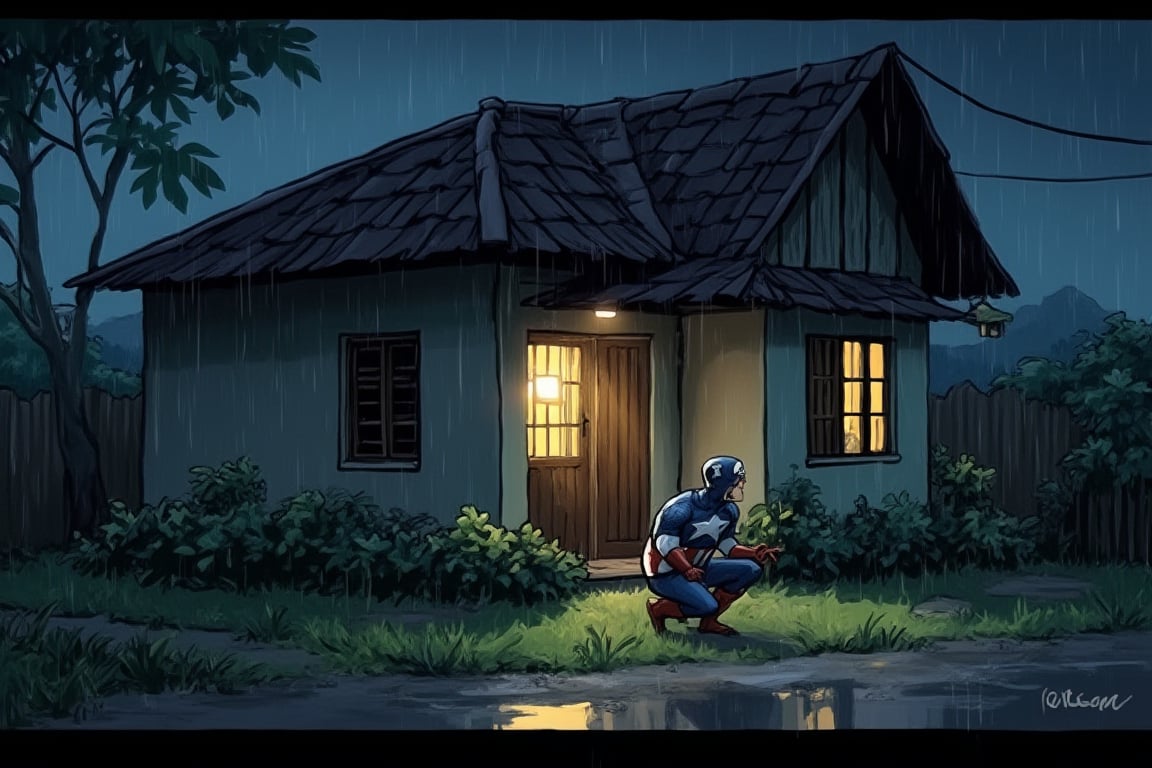 Captain america wait under malay house auwning while raining,cartoon1 