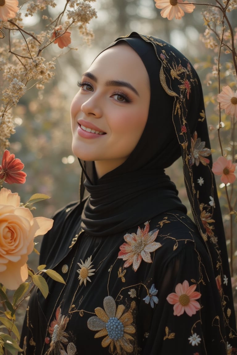 A whimsical Malay woman in a surreal, vibrant scene, shot mid-frame, donning a black hijab and flowing black-blue abaya. Warm lighting accentuates her gentle features and radiant smile as she relaxes amidst swirling colors and abstract shapes. Her abaya blows softly in the breeze, framing her joyful expression. Intricate details dance across her attire, juxtaposed against a dreamlike backdrop that amplifies her cultural essence.