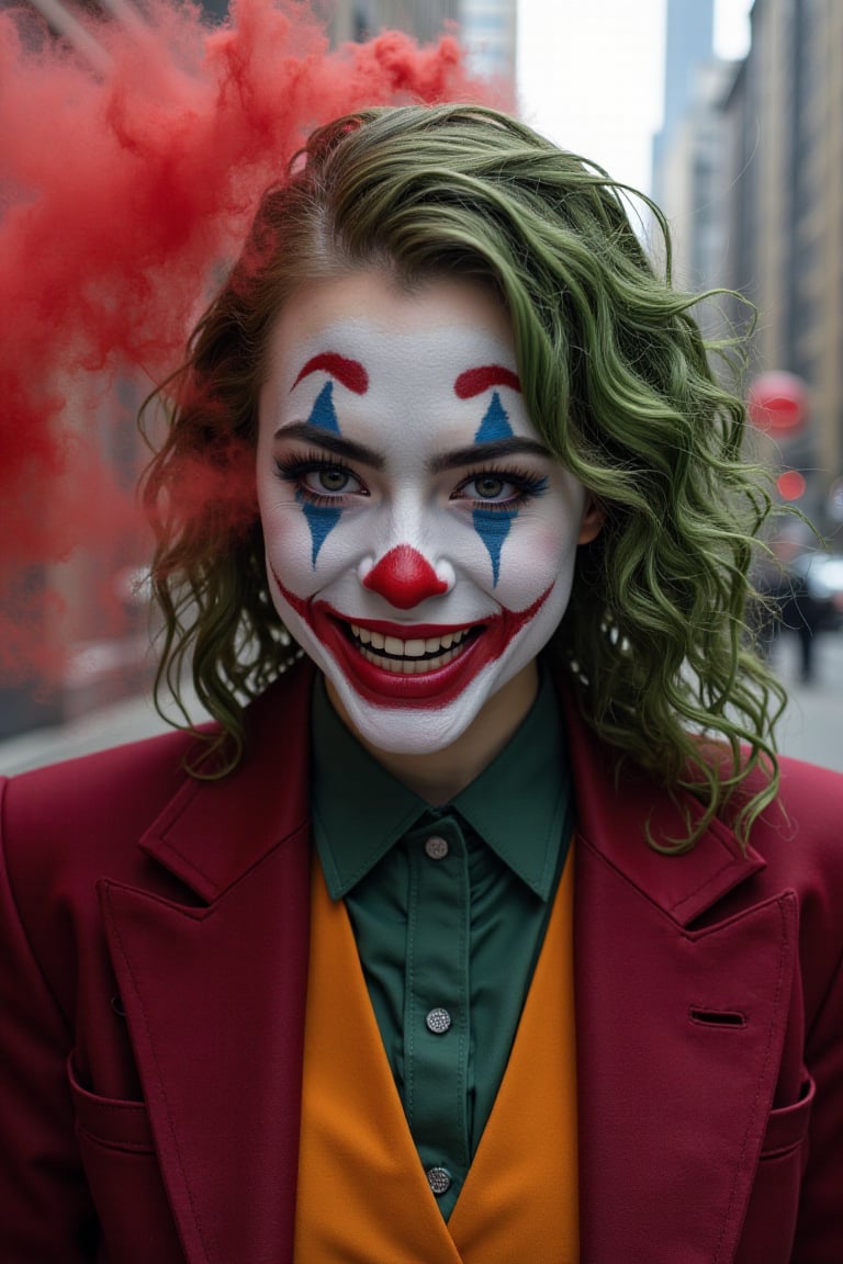 Art of a joker Joker's twisted grin wearing her makeup face,  her suit, red smoke , green hair, realistic city background 