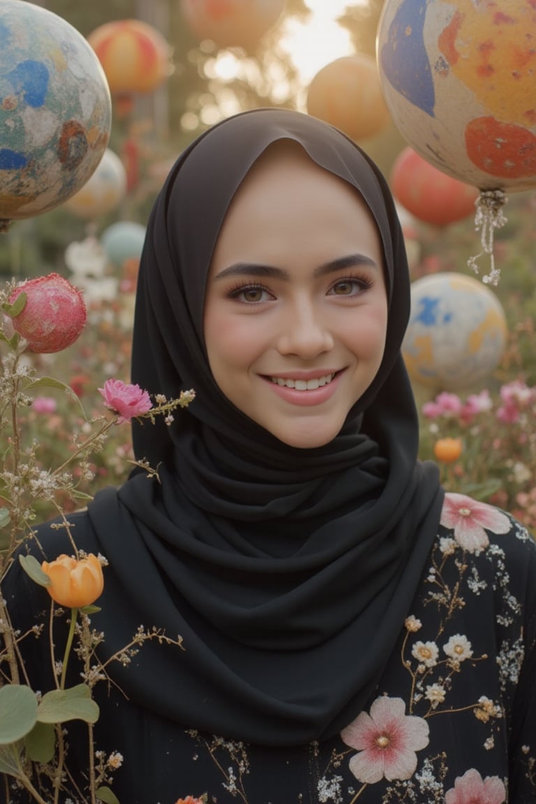 A whimsical Malay woman in a surreal, vibrant scene, shot mid-frame, donning a black hijab and flowing black-blue abaya. Warm lighting accentuates her gentle features and radiant smile as she relaxes amidst swirling colors and abstract shapes. Her abaya blows softly in the breeze, framing her joyful expression. Intricate details dance across her attire, juxtaposed against a dreamlike backdrop that amplifies her cultural essence.