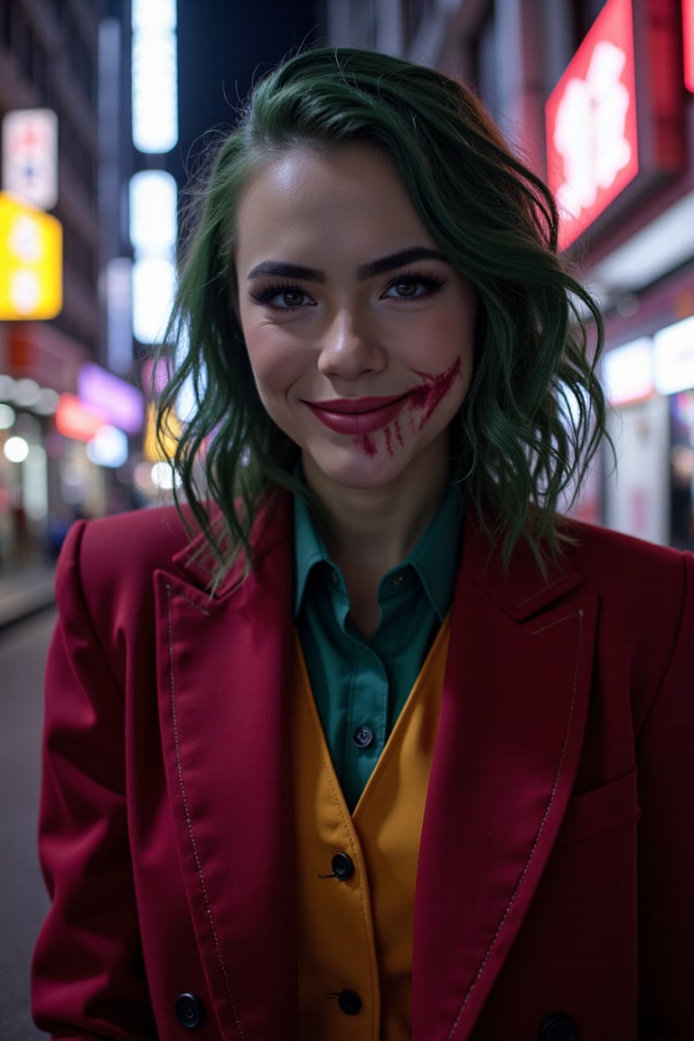 Art of a joker Joker's twisted grin wearing her ((makeup face:1.3)),  her suit, red smoke , her ((green hair:1.3)), dark night, ((neon light city)), cyberpunk realistic city background 