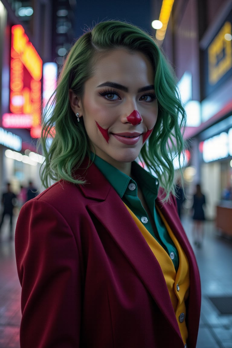 Art of a joker Joker's twisted grin wearing her ((makeup face:1.3)),  her suit, red smoke , her ((green hair:1.3)), dark night, ((neon light city)), cyberpunk realistic city background 