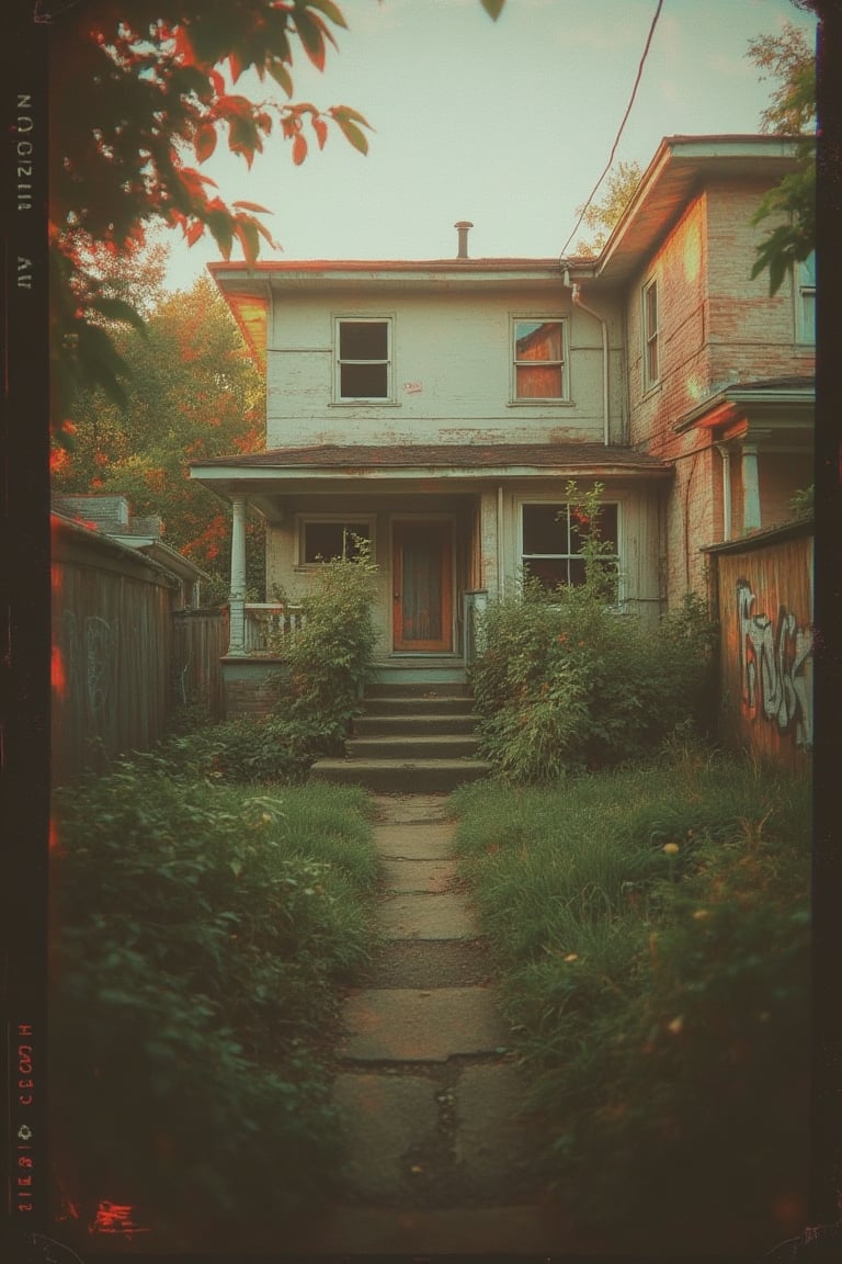 A VHS effect-laden image of an urban house, capturing the nostalgic graininess and color distortions. The scene is framed with the house in the center, surrounded by overgrown foliage and graffiti-covered walls. The lighting is soft and diffused, with a warm, golden hue. The composition emphasizes the dilapidated state of the house, with broken windows and peeling paint. The shot is slightly tilted, adding to the vintage feel.