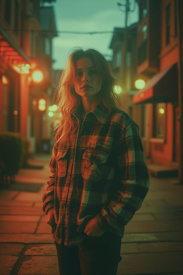 A VHS effect-laden image of a girl wearing a flannel shirt, capturing the nostalgic graininess and color distortions. The scene is framed with the girl in the center, standing in a dimly lit urban alleyway. The lighting is soft and diffused, with a warm, golden hue. The composition emphasizes her casual pose, with the flannel shirt slightly untucked. The shot is slightly tilted, adding to the vintage feel.