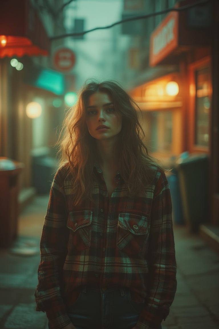 A VHS effect-laden image of a girl wearing a flannel shirt, capturing the nostalgic graininess and color distortions. The scene is framed with the girl in the center, standing in a dimly lit urban alleyway. The lighting is soft and diffused, with a warm, golden hue. The composition emphasizes her casual pose, with the flannel shirt slightly untucked. The shot is slightly tilted, adding to the vintage feel.