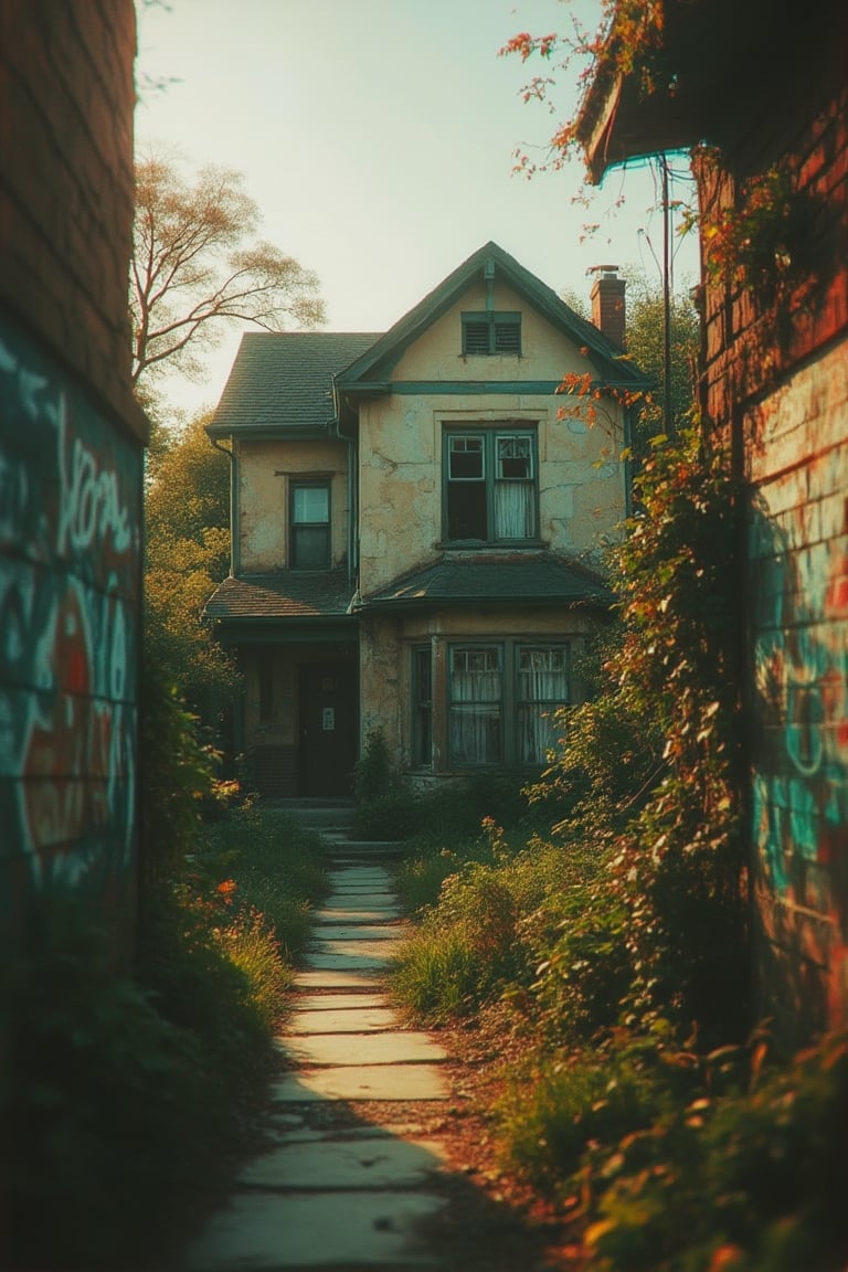 A VHS effect-laden image of an urban house, capturing the nostalgic graininess and color distortions. The scene is framed with the house in the center, surrounded by overgrown foliage and graffiti-covered walls. The lighting is soft and diffused, with a warm, golden hue. The composition emphasizes the dilapidated state of the house, with broken windows and peeling paint. The shot is slightly tilted, adding to the vintage feel.