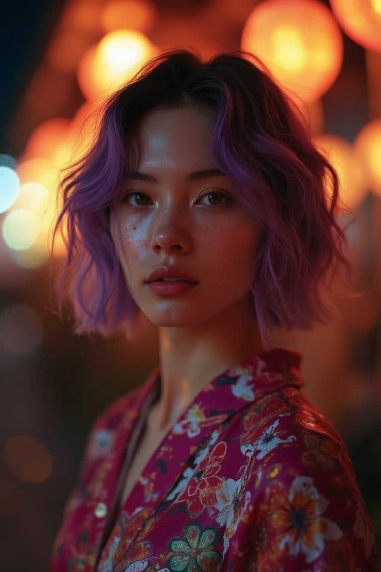 glow_skin portrait of a japanese woman with short purple hair, her soft almond-shaped eyes glowing with warmth, dressed in a floral kimono, surrounded by glowing lanterns at a night festival, iridescent skin, oily skin.