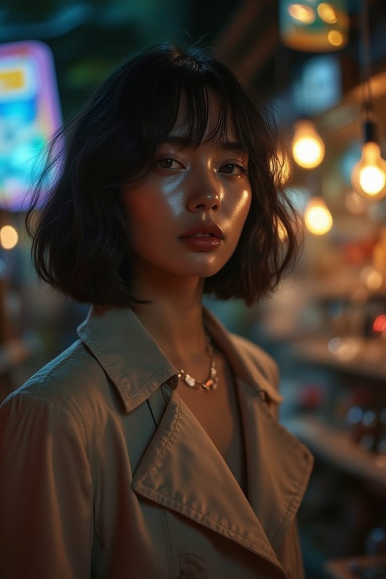 glow_skin portrait of a vietnamese woman with a bob cut, her delicate features framed by the chic trench coat, standing against a vibrant market lit by colorful street lights, iridescent skin, oily skin.