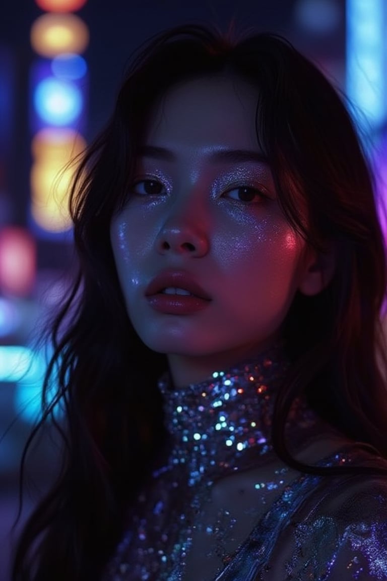 glow_skin portrait of a chinese woman with long black hair, her sharp cheekbones and full lips illuminated by neon lights, dressed in a futuristic bodysuit, with a neon-lit cityscape in the background, iridescent skin, oily skin.