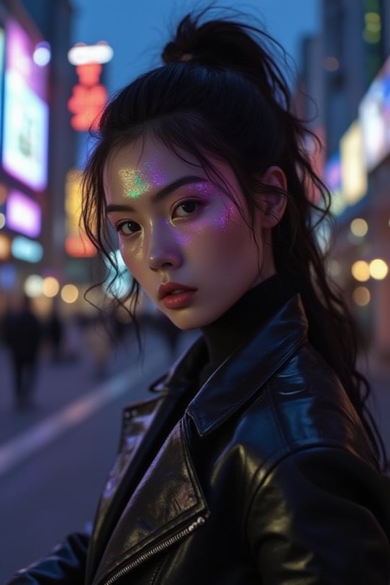 glow_skin portrait of a japanese woman with a high ponytail, her defined jawline and fierce expression highlighted by the glowing billboards in the street, dressed in a leather jacket, iridescent skin, oily skin.