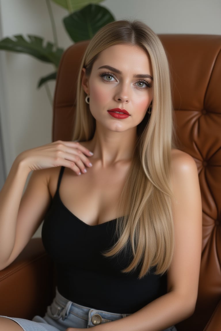 a woman with long, straight blonde hair is seated on a tan leather recliner. Her right hand is draped over her right shoulder. Her lips are painted a vibrant red, adding a pop of color to the scene. 