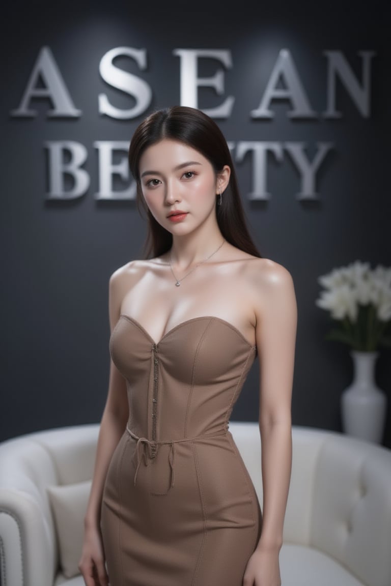 a woman stands in front of a backdrop that reads "ASEAN BEAUTY" in bold white letters. The woman is dressed in a tan strapless corset with a belt around her waist. She has long dark brown hair, a silver necklace, and red lips. Her hair is pulled back in a ponytail, adding a touch of texture to her face. The backdrop is a dark gray wall, and a white couch is visible in the bottom right corner of the frame. To the right of the couch is a vase with white flowers in it. Dramatic, volumetric lighting enhances the luxury ambiance, transporting the viewer into an opulent world where beauty reigns supreme.