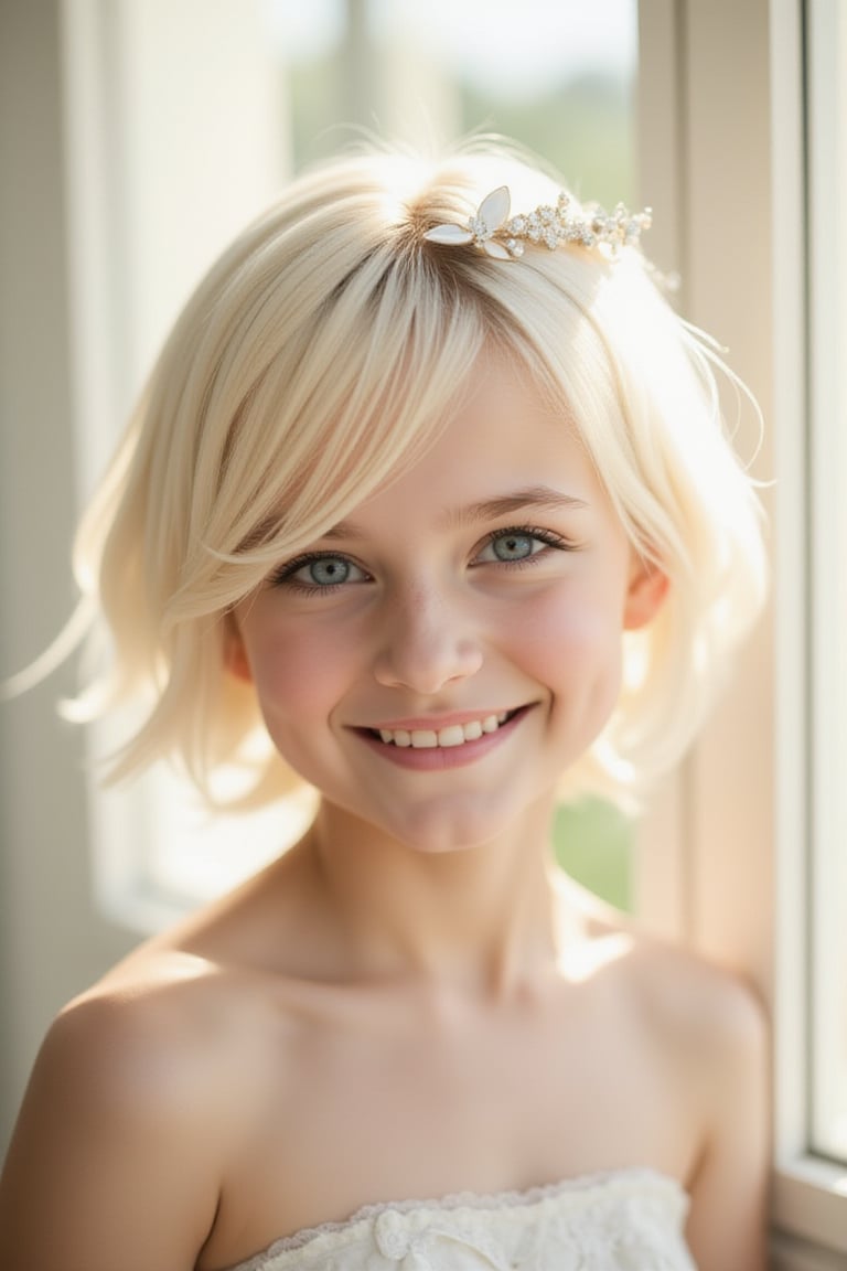 A young girl with a radiant smile and piercing blue eyes stands out against a soft, sunlit background. Her short, platinum blonde locks are adorned with a delicate hair ornament, catching the warm light. The framing of the shot highlights her facial features, while the subtle gradient of colors in her hair adds depth to the composition.