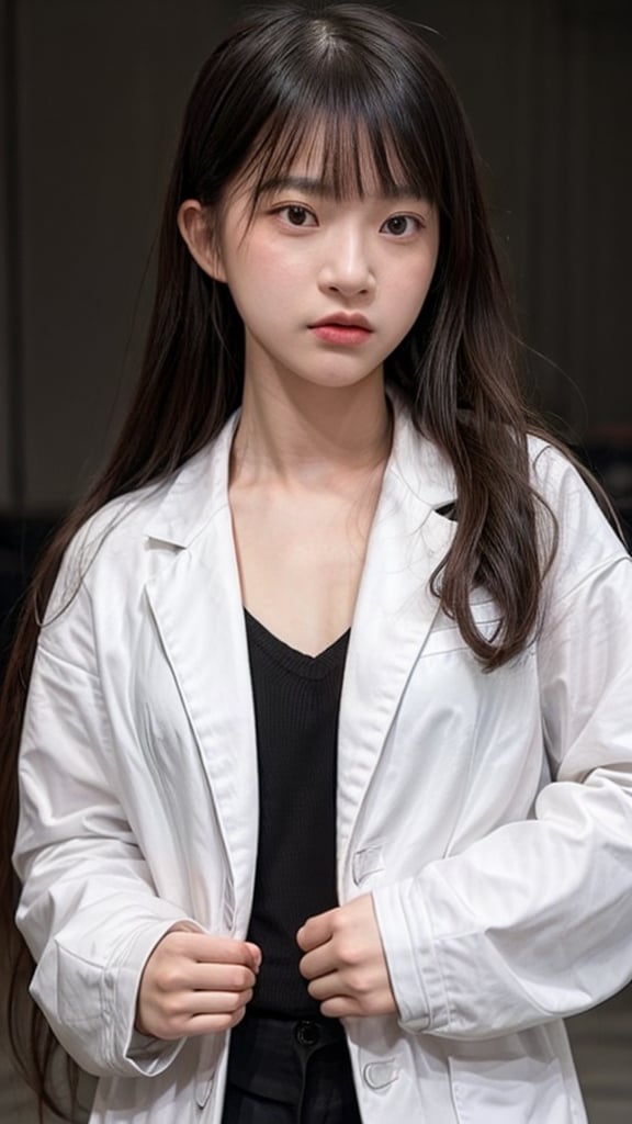 1girl, solo, long hair, looking at viewer, simple background, black hair, artist name, grey background, black eyes, lips, realistic, nose, hands in pockets, white lab coat, ((18 years old)), ((asian)) , ((POV)), ((close-up)), 