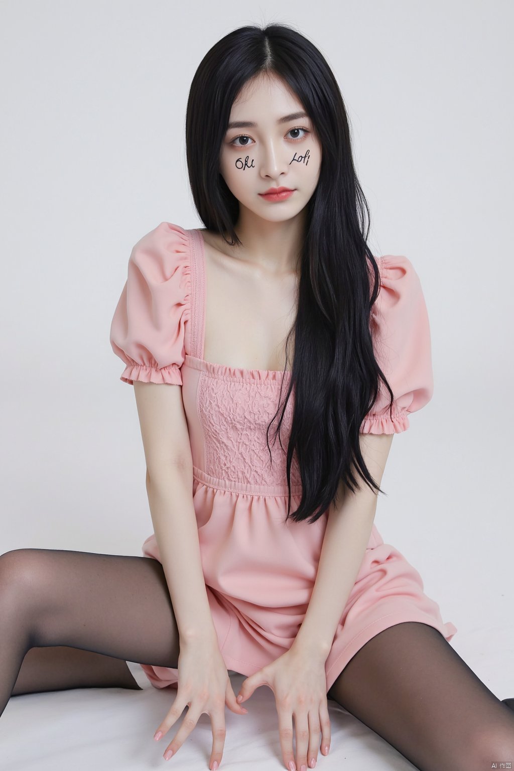 A young Lolita dressed in a playful outfit sits with her long black hair cascading down her back. Her fine features and flat chest are accentuated by the frame of the shot. She wears high heels that exaggerate her feet spread apart, paired with black pantyhose. The expression on her face is written 'Loli' as she sits confidently, embodying the essence of a young Lolita..zjq