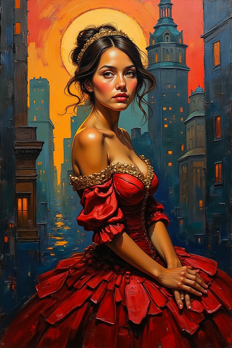 "In an abstract impressionist style, this portrait captures the dynamic, bold impasto brushstrokes with a rich Baroque-inspired color palette. Deep Carmines (for the reds), Ochre Yellows (for warmth), and Prussian Blues (for depth and shadow) dominate the scene, while Olive Greens (for earthy tones) blend with the cityscape setting. The painting is accented with dark Umber for contrast and highlights of bright, luminous Gold. The thick, textured strokes create a dramatic, tactile surface, with intense carmine and gold tones highlighting the figure’s facial features and dress. The background features a cityscape at sunset, where the buildings are rendered in deep, shadowy blues and greens, creating strong contrasts with the lighter, glowing areas illuminated by the setting sun. The overall composition evokes the opulence and drama of the Baroque style, infusing the urban setting with bold contrasts and rich textures. The impasto technique and layered colors add depth and movement, inviting viewers to explore the tension between the tranquil portrait and the intense, expressive color contrasts of the sunset and city backdrop."