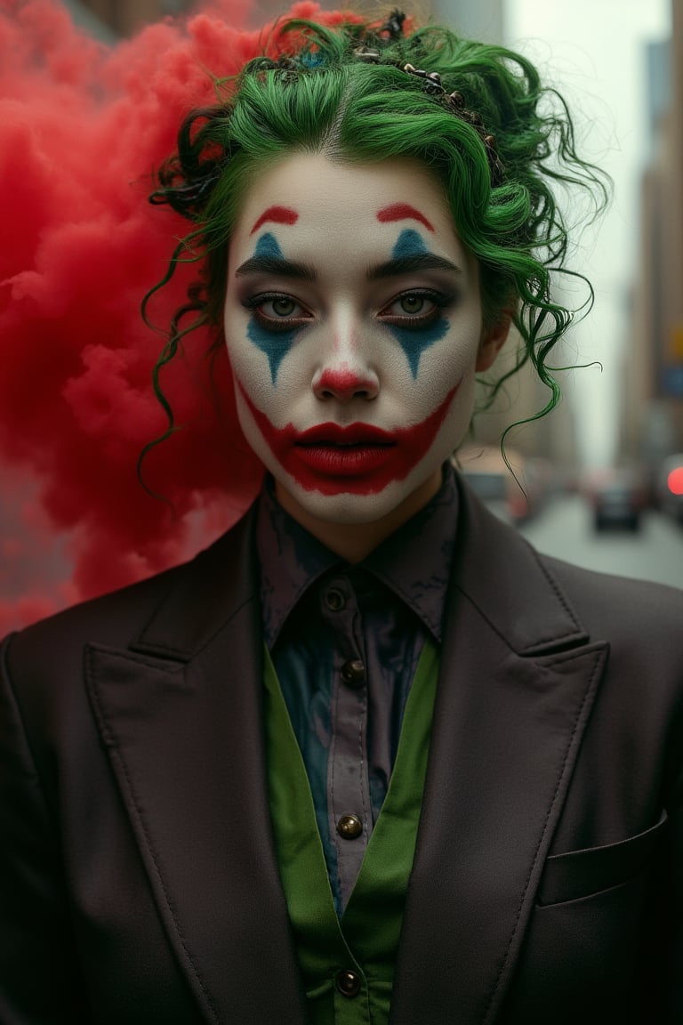 Art of a joker Joker's twisted grin wearing her makeup face,  her suit, red smoke , green hair, realistic city background 