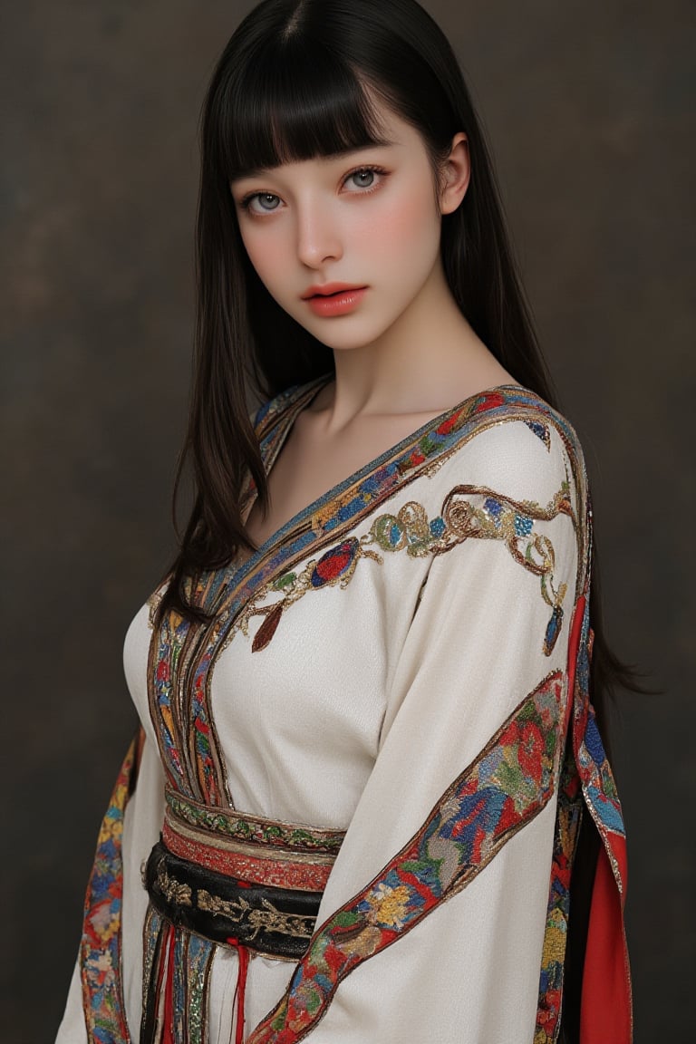 Super detailed, super realistic, beautiful Nordic girl with long hair and blunt bangs,
 Wearing ancient national costume, long straight black hair, Yakut national costume, (beautiful blue eyes), almond eyes, intricate textiles decorated with colorful and intricate geometric patterns, arms decorated with decorative embroidery.
Beautiful crystal blue eyes, almond eyes, complex fabric decorated with colorful and intricate geometric patterns, white, red and green and other earth tones clothes,, aw0k euphoric style,, perfect imitation of TaisaSDXL, dal, ct-identityV2