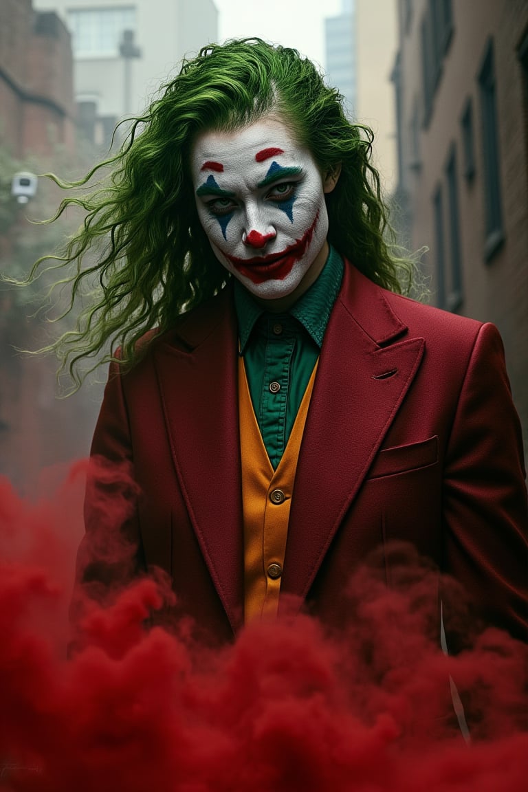 Art of a joker Joker's twisted grin wearing her makeup face,  her suit, red smoke , green hair, realistic city background 