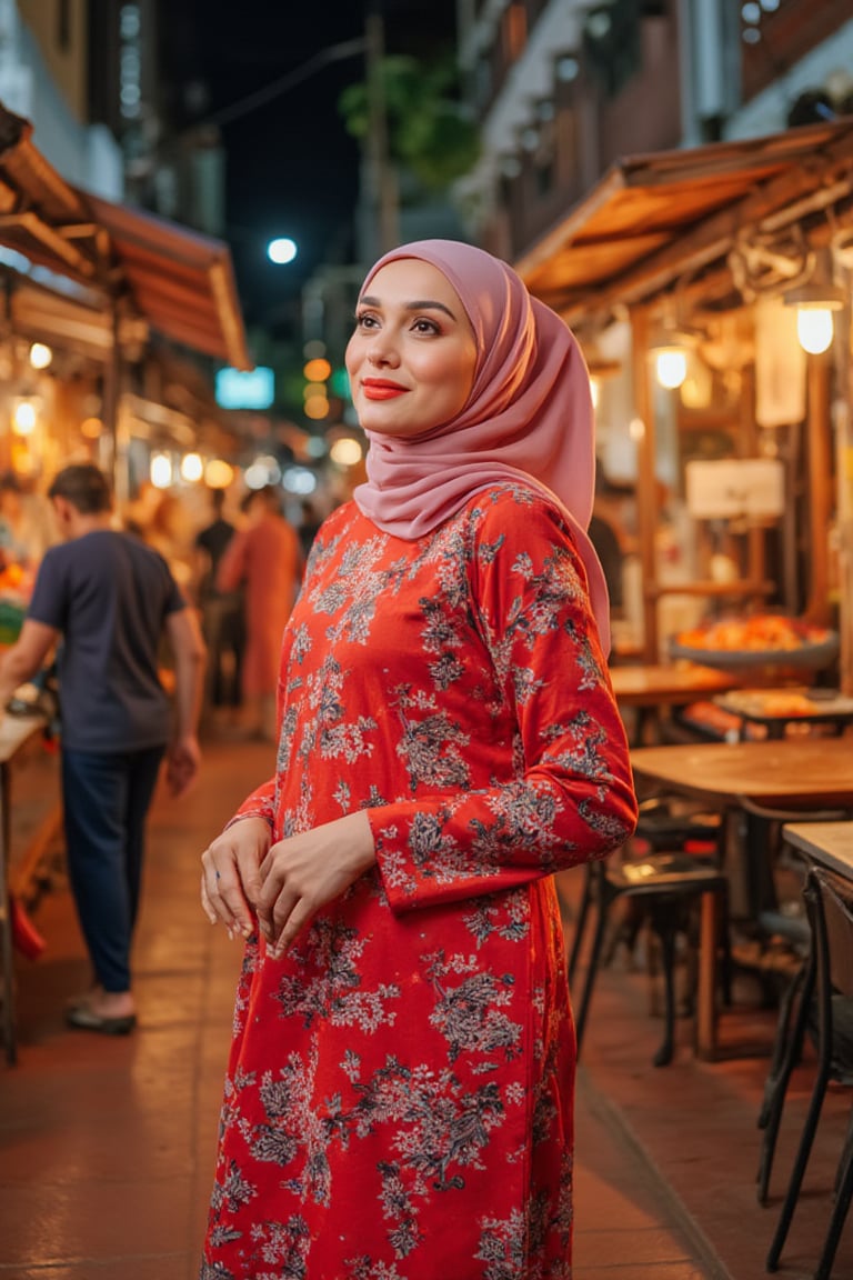 A Malay woman, resplendent in a vibrant red flower-adorned modern Baju Kurung Moden, stands confidently at the bustling Middle Street Market under the warm glow of night lights. Framing her figure is the vibrant street life, with colorful food stalls and vendors calling out their wares. The soft illumination casts a flattering light on her White hijab, accentuating its intricate patterns and textures as she gazes out at the lively market scene, her bright smile radiating amidst the bustling crowd.