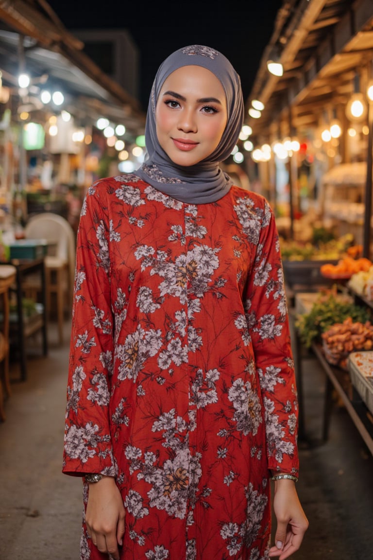 A Malay woman donning a vibrant red flower-adorned modern Baju Kurung Moden stands confidently at the bustling Middle Street Market under the warm glow of night lights. The soft illumination casts a flattering light on her hijab, accentuating its intricate patterns and textures.