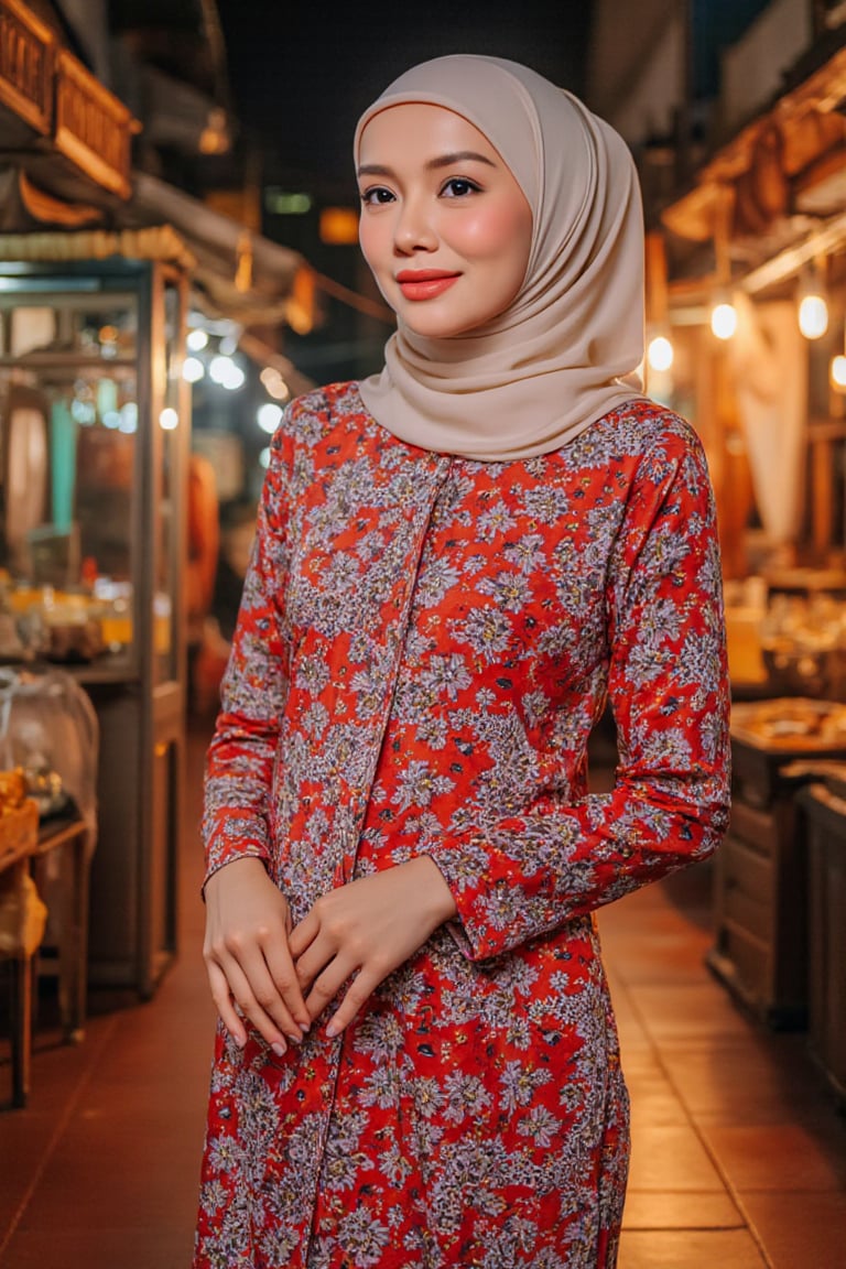 A Malay woman, resplendent in a vibrant red flower-adorned modern Baju Kurung Moden, stands confidently at the bustling Middle Street Market under the warm glow of night lights. Framing her figure is the vibrant street life, with colorful food stalls and vendors calling out their wares. The soft illumination casts a flattering light on her White hijab, accentuating its intricate patterns and textures as she gazes out at the lively market scene, her bright smile radiating amidst the bustling crowd.