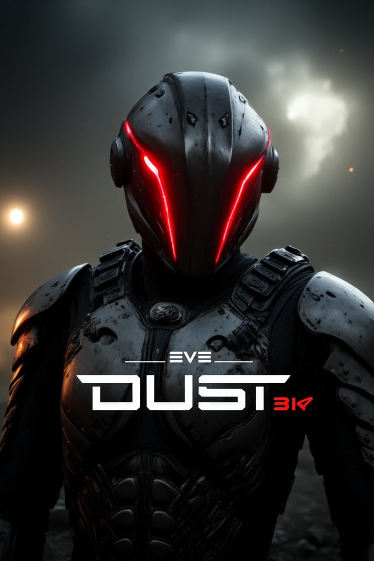 FuturisticWarrior style,, The image is a digital art piece that appears to be a futuristic or sci-fi scene. It shows a close-up of a gallente assault's head and upper body, with a metallic armor-like appearance. The gallente assault's face is covered in red eyes, giving it a futuristic and ominous look. The background is a dark, cloudy sky with a hint of smoke or dust. The overall mood of the image is dark and ominous. The word "DUST" is written in white text on the bottom right corner, with the word "EVE" in a larger font size than the rest of the text.