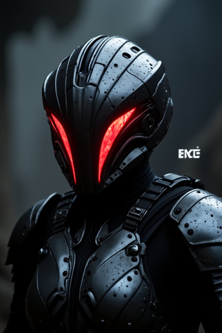 FuturisticWarrior style,, The image is a digital art piece that appears to be a futuristic or sci-fi scene. It shows a close-up of a gallente assault's head and upper body, with a metallic armor-like appearance. The gallente assault's face is covered in red eyes, giving it a futuristic and ominous look. The background is a dark, cloudy sky with a hint of smoke or dust. The overall mood of the image is dark and ominous. The word "DUST" is written in white text on the bottom right corner, with the word "EVE" in a larger font size than the rest of the text.