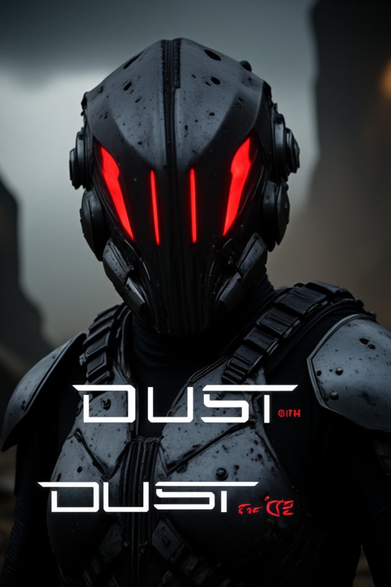 FuturisticWarrior style,, The image is a digital art piece that appears to be a futuristic or sci-fi scene. It shows a close-up of a gallente assault's head and upper body, with a metallic armor-like appearance. The gallente assault's face is covered in red eyes, giving it a futuristic and ominous look. The background is a dark, cloudy sky with a hint of smoke or dust. The overall mood of the image is dark and ominous. The word "DUST" is written in white text on the bottom right corner, with the word "EVE" in a larger font size than the rest of the text.