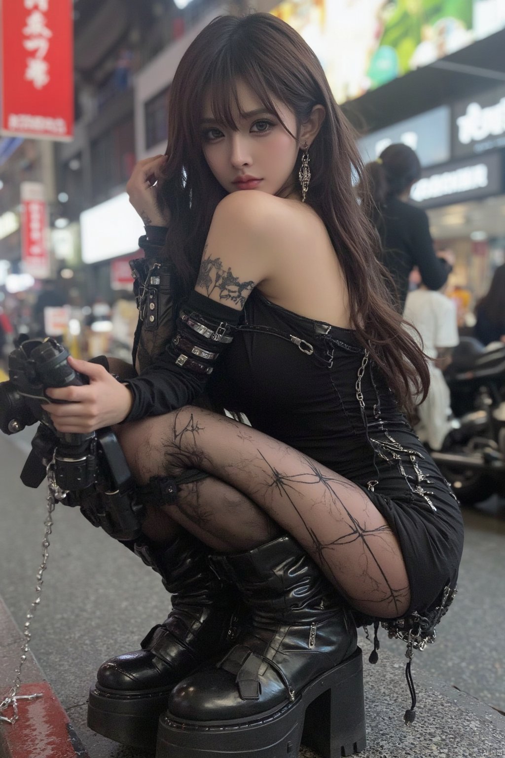 Masterpiece, best quality, stunning details, realistic photos, 1girl, long flowing hair, high quality fair skin, big breasts, off-shoulder pencil dress, (shiny pantyhose), long legs, Squat, upper body, (Cyberpunk Street),